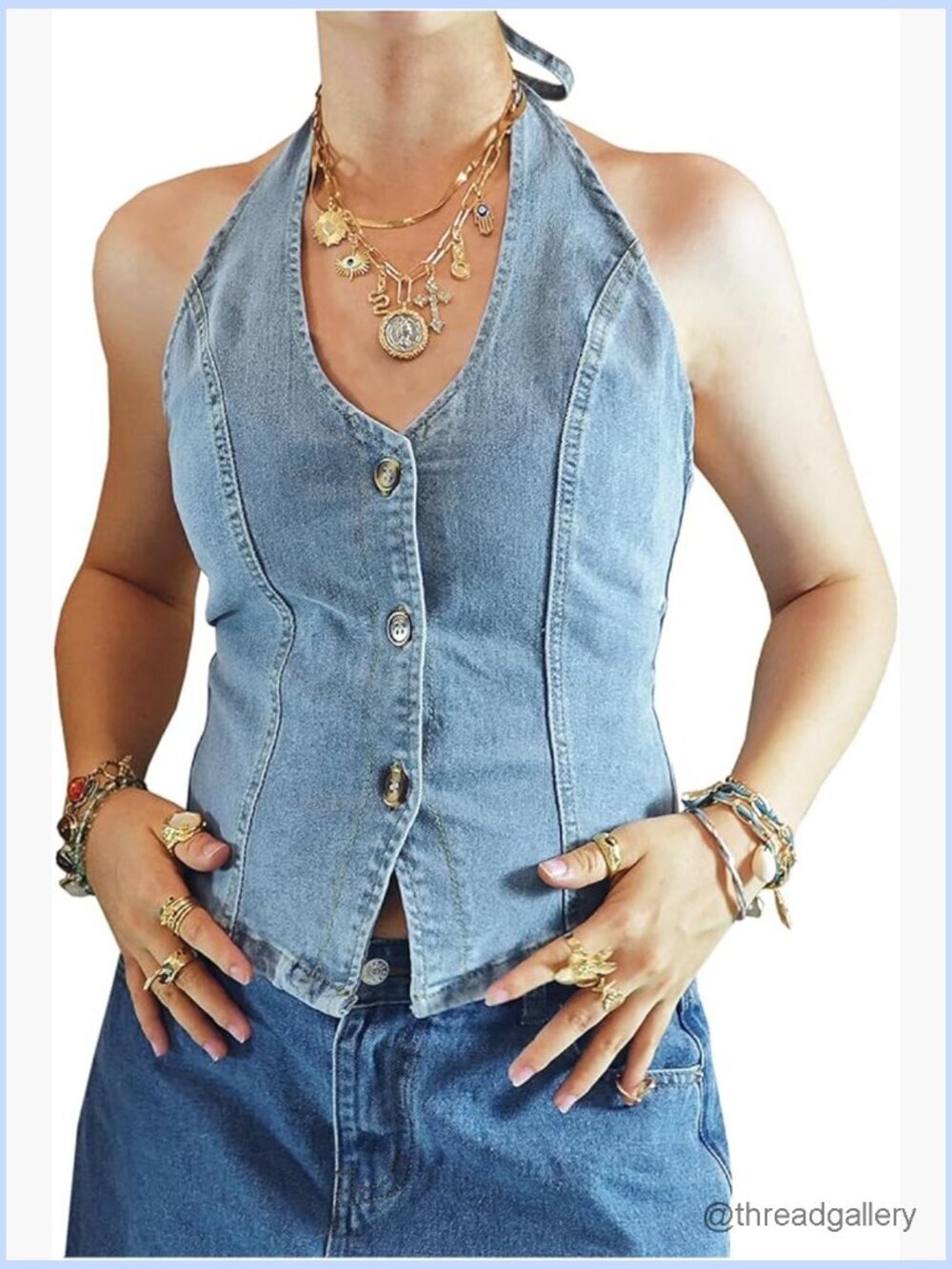 Sleeveless Denim Halter Top Backless Button Down Crop Vest Tie Back Y2k Jean